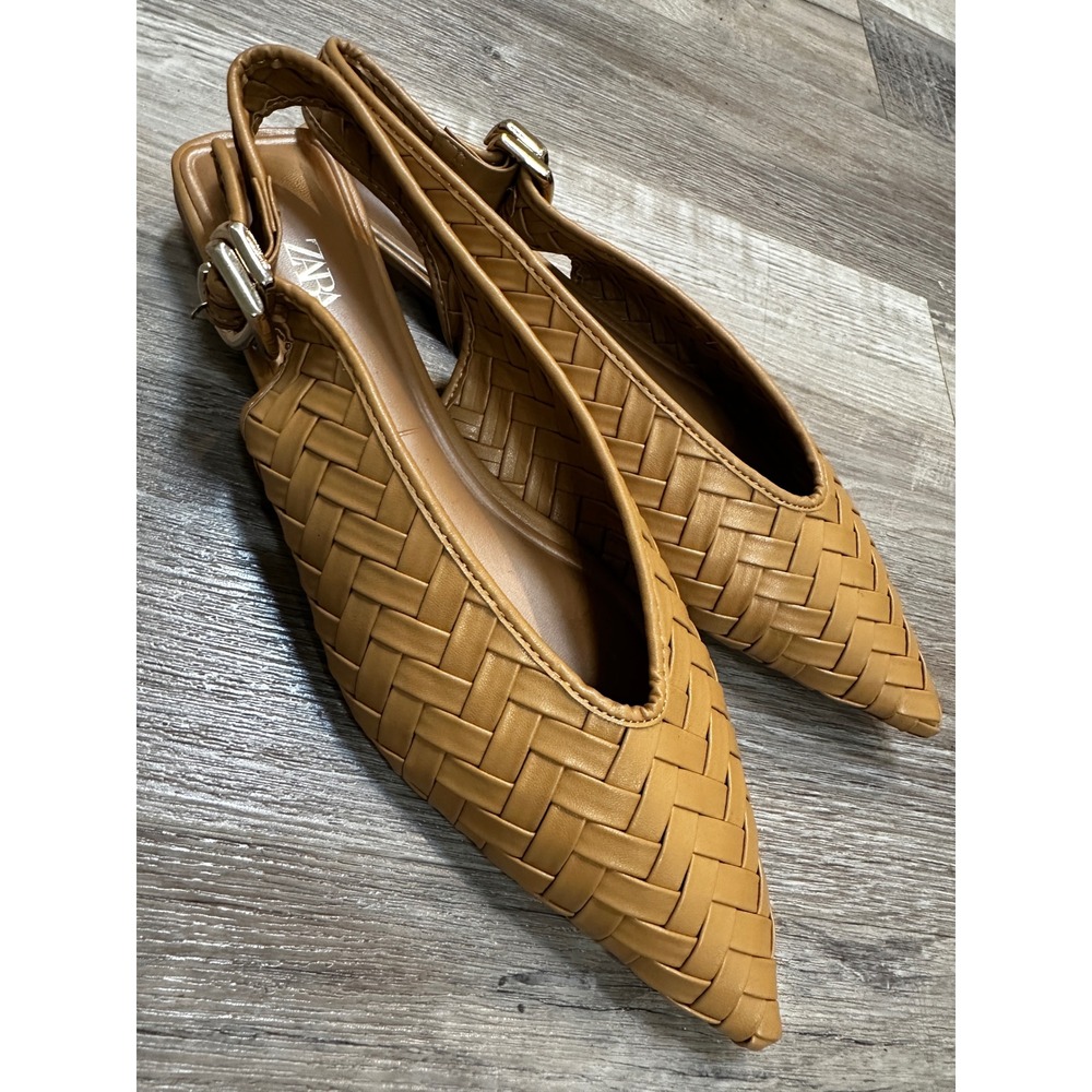 Zara Woven Faux Leather Slingback Flats Pointed Toe Tan Camel Size 40